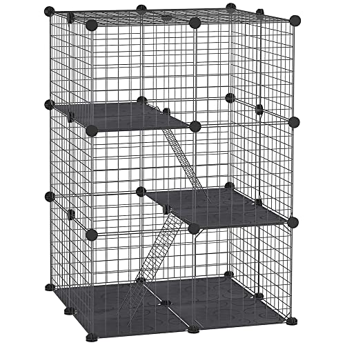 PawHut Käfig für Kaninchen und Meerschweinchen, modular, mehrstufig, Käfig für kleine Nager mit 3 Türen und Stahldraht, Schwarz von PawHut