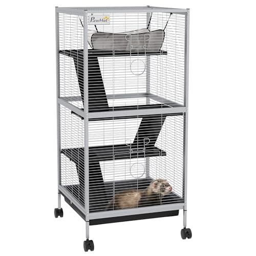 PawHut Käfig für Kleintiere, tragbar, 4 Ebenen, Käfig Chinchilla, Frettchenkäfig mit Rollen, 2 Türen, 3 Rampen, Hängematte und abnehmbarem Tablett, 52 x 52 x 113,5 cm, weiß von PawHut