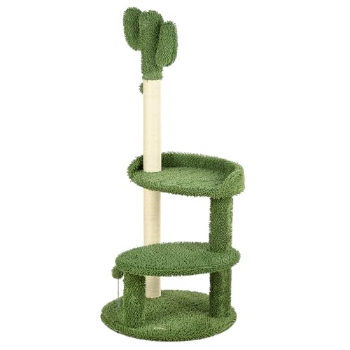 PawHut Kaktus Kratzbaum 111 cm Katzenkratzbaum mit 2 Etagen, Spielball Katzenbaum, Kletterbaum mit Katzenbett für Katzen bis 10 kg, Katzenmöbel, Sisal, Grün von PawHut