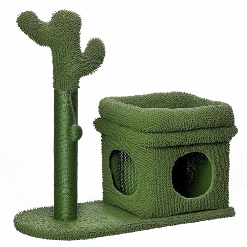 PawHut Kaktusförmiger Kratzbaum mit Katzenhaus und Sisalkratzbaum, Katzenturm aus Spanplatte und Chenille, 68x30x67cm, grün von PawHut