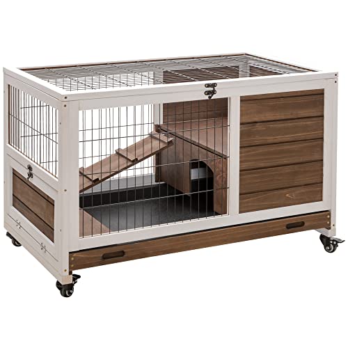 PawHut Kaninchen- und Meerschweinchenkäfig mit 4 Rädern, Haus, Rampe und herausnehmbarem Tablett, Naturholz, braun, 90x53x59cm PawHut Kaninchen- und Meerschweinchenkäfig mit 4 Rädern, Haus, Rampe und herausnehmbarem Tablett, Naturholz, braun, 90x53x59cm von PawHut