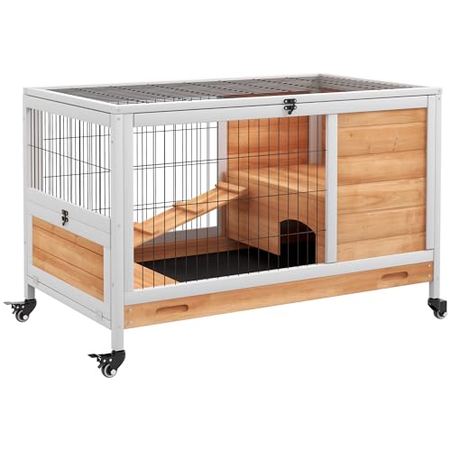 PawHut Kaninchen- und Meerschweinchenkäfig mit 4 Rädern, Haus, Rampe und herausnehmbarem Tablett, Naturholz, gelb, 90x53x59 cm von PawHut