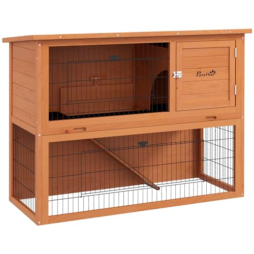 PawHut Kaninchenstall Kaninchenkäfig, 2 Etagen, mit 3 verschließbaren Türen, Schiebeplatte, Rampe und Bitumendach, Massivholz, 120 x 50 x 92 cm, Orange PawHut Kaninchenstall Kaninchenkäfig, 2 Etagen, mit 3 verschließbaren Türen, Schiebeplatte, Rampe und Bitumendach, Massivholz, 120 x 50 x 92 cm, Orange von PawHut