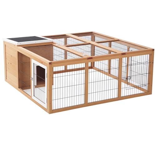 PawHut Kaninchenstall Kleintiergehege mit Dach zum Öffnen Kleintierkäfig Meerschweinchenstall mit Freigehege für draußen wetterbeständig Tannenholz Natur 123 x 120 x 52 cm von PawHut