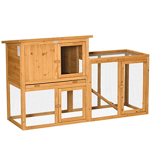 PawHut Kaninchenstall Kleintierstall mit herausnehmbarer Bodenwanne und Rampe Kleintierhaus Kleintierkäfig Outdoor Indoor Tannenholz Orange 141 x 60 x 86 cm von PawHut