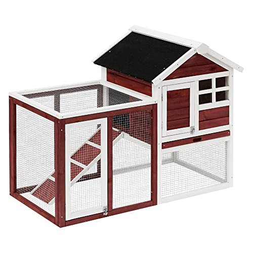 PawHut Kaninchenstall Mehrzweck-Kaninchenstall: obere Nische mit Rampe, Kotplatte, Fenster + sicheres Außengehege 2 Türen 122L x 63l x 92H cm Ziegelrot von PawHut