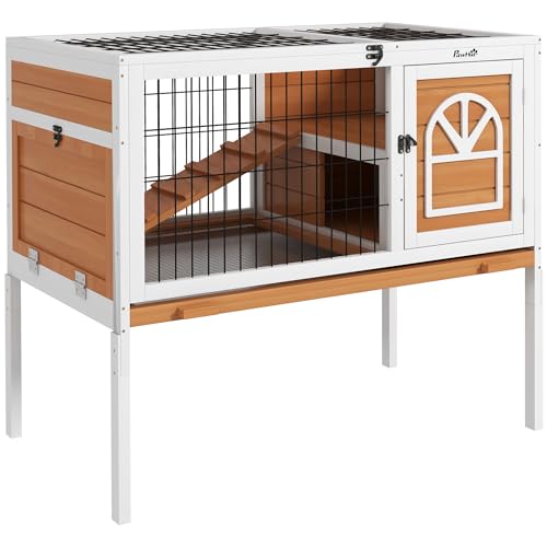 PawHut Kaninchenstall aus Holz, erhöhter Meerschweinchenkäfig mit aufklappbarem Dach, Leiter, herausnehmbares Tablett, 90 x 53 x 87 cm, Gelb PawHut Kaninchenstall aus Holz, erhöhter Meerschweinchenkäfig mit aufklappbarem Dach, Leiter, herausnehmbares Tablett, 90 x 53 x 87 cm, Gelb von PawHut