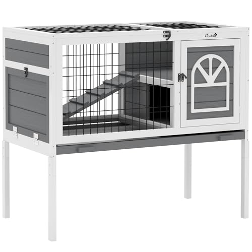 PawHut Kaninchenstall aus Holz, erhöhter Meerschweinchenkäfig mit aufklappbarem Dach, Leiter, herausnehmbares Tablett, 90 x 53 x 87 cm, Grau von PawHut