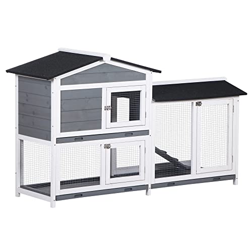 PawHut Kaninchenstall aus Holz, für den Außenbereich, Käfig für Kaninchen, 2 Ebenen, mit asphärischem Dach, 2 Metallläufe, herausnehmbares Tablett, 2 Türen und Rampe, 157,4 x 53 x 93,5 cm, Grau PawHut Kaninchenstall aus Holz, für den Außenbereich, Käfig für Kaninchen, 2 Ebenen, mit asphärischem Dach, 2 Metallläufe, herausnehmbares Tablett, 2 Türen und Rampe, 157,4 x 53 x 93,5 cm, Grau von PawHut