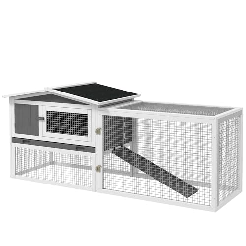 PawHut Hasenstall Kaninchenstall mit Freilaufgehege Bodenwanne, Rampe, Kleintierstall aus Holz Meerschweinchen Gehege mit 2 Etagen, Sichtfenster, für Zwergkaninchen 156x58x68 cm, Hellgrau PawHut Hasenstall Kaninchenstall mit Freilaufgehege Bodenwanne, Rampe, Kleintierstall aus Holz Meerschweinchen Gehege mit 2 Etagen, Sichtfenster, für Zwergkaninchen 156x58x68 cm, Hellgrau von PawHut