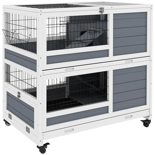 PawHut Kaninchenstall für den Innenbereich, Kaninchenkäfig auf Rollen, 2 Ebenen mit 2 verschiebbaren Ablagen, Futterhaus, verschließbare Tür, 90 x 53 x 97 cm, Grau von PawHut