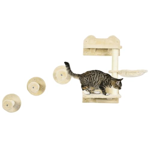 PawHut Katzen Kletterwand, 4-teilig, Katzenkletterwand, inkl. 1 x Sprungturm, 3 x Kratzbäume, Kletterwand Set, Kratzbaum mit Hängematte, Wandliege Katzen, Katzentreppe, Sisal, Beige+Cremeweiß PawHut Katzen Kletterwand, 4-teilig, Katzenkletterwand, inkl. 1 x Sprungturm, 3 x Kratzbäume, Kletterwand Set, Kratzbaum mit Hängematte, Wandliege Katzen, Katzentreppe, Sisal, Beige+Cremeweiß von PawHut