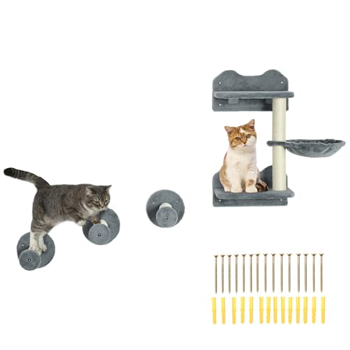 PawHut Katzen Kletterwand, 4-teilig, Katzenkletterwand, inkl. 1 x Sprungturm, 3 x Kratzbäume, Kletterwand Set, Kratzbaum mit Hängematte, Wandliege Katzen, Katzentreppe, Sisal, Grau+Beige von PawHut