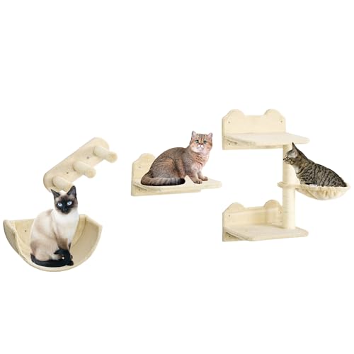 PawHut Katzen Kletterwand 4 TLG. Klettern Katzenkratzbaum mit Kaztentreppe, Hängematte, Sprungplatt, Wandkratzbaum, Wand Katzenmöbel für Katzen bis 5 kg, Polyester, Beige PawHut Katzen Kletterwand 4 TLG. Klettern Katzenkratzbaum mit Kaztentreppe, Hängematte, Sprungplatt, Wandkratzbaum, Wand Katzenmöbel für Katzen bis 5 kg, Polyester, Beige von PawHut