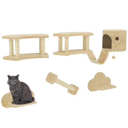 PawHut Kletterwand Set, 5-teilig Katzenmöbel Mit Kratzstamm, Sprungplattformen, Leiter, Haus, Wandgerüst, für Katzen Bis 5 kg, Plüsch, Beige von PawHut