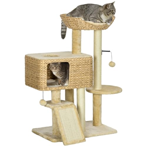 PawHut Katzen Kratzbaum 98 cm Katzenbaum mit 2 Leigefläche, Kratzsäulen, Kletterbaum Spielball, Katzenmöbel mit Katzenhöhle für Katzen bis 6 kg, Sisal, Wasserhyazinthe, Beige PawHut Katzen Kratzbaum 98 cm Katzenbaum mit 2 Leigefläche, Kratzsäulen, Kletterbaum Spielball, Katzenmöbel mit Katzenhöhle für Katzen bis 6 kg, Sisal, Wasserhyazinthe, Beige von PawHut