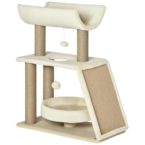 PawHut Kratzbaum 76 cm Katzenturm mit 2 Spielball, Sisalstämme, Bett, Kratzbrett, mehrstöckiger Katzenkratzbaum, Kletterbaum, für mittelgroße Katzen, Hellbraun von PawHut