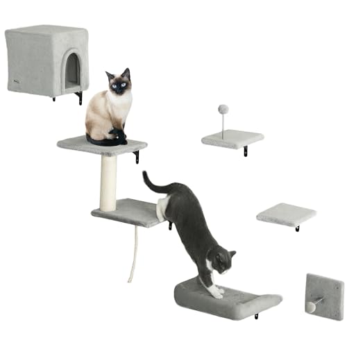 PawHut Katzen-Wandregale, 6-teiliges Katzenwandmöbel-Set mit Höhle, Plattformen, Sisal-Kratzbaum, Bett und Spielzeugball, zum Klettern, Schlafen, Spielen, Grau von PawHut
