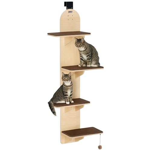 PawHut Katzenbaum, Türmontage, Türhängendes Katzenregal mit abnehmbaren, waschbaren Plüsch-Pads, Spielzeugball, 4-stufiger Kätzchen-Kletterer für Indoor-Kätzchen, 56,5 x 25 x 150 cm, Eiche von PawHut