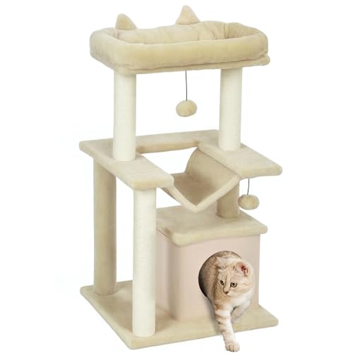 PawHut Katzenbaum 90 cm Kratzbaum mit Hängematte Spielbaum Katzenhöhle Plattformen Kletterbaum Katzenkratzbaum Aktivitätskratzbäum Plüsch Sisal Creme von PawHut