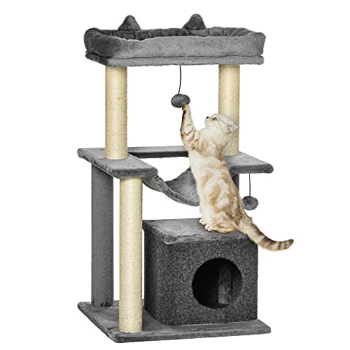 PawHut Katzenbaum 90 cm Kratzbaum mit Hängematte Spielbaum Katzenhöhle Plattformen Kletterbaum Katzenkratzbaum Aktivitätskratzbäum Plüsch Sisal Grau von PawHut