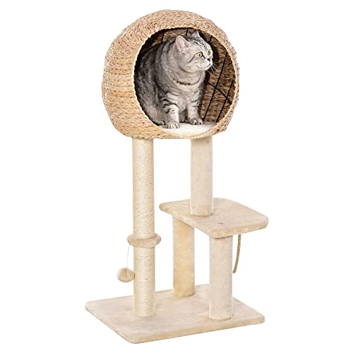 PawHut Katzenbaum Kratzbaum Kätzchen Möbel mit Katzenhöhle Ballspielzeug Sisal weiche Plüsch Höhe 100 cm Beige von PawHut