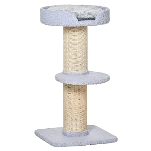 PawHut Kratzbaum 91 cm Katzenturm mit Sisalstämme, Plattform, Kissen mehrstöckiger Katzenkratzbaum, Kletterbaum, für mittelgroße Katzen, Hellblau von PawHut