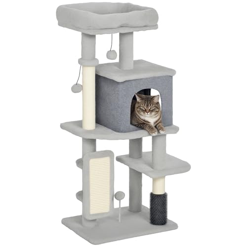 PawHut Katzenbaum Spielturm Höhe 104cm mit Kratzmatte Bett Haus Plattformen Fellbürste Spielbälle Hellgrau von PawHut