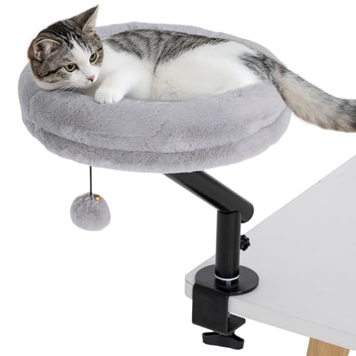 PawHut Katzenbett für Schreibtisch, 360° drehbar einstellbares erhöhtes Katzentischbett, bequemes weiches Plüsch Kätzchen Hängematte Nest Kissen Maschine-waschbar von PawHut