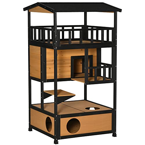 PawHut Katzenhaus, Tannenholz, Katzenhütte für draußen mit Terrasse, Katzenhöhle, 4 Etagen, Katzenvilla mit Treppe, Asphaltdach, Winterfest, Kleintierhaus, Gelb, 75,5 x 75 x 137 cm PawHut Katzenhaus, Tannenholz, Katzenhütte für draußen mit Terrasse, Katzenhöhle, 4 Etagen, Katzenvilla mit Treppe, Asphaltdach, Winterfest, Kleintierhaus, Gelb, 75,5 x 75 x 137 cm von PawHut