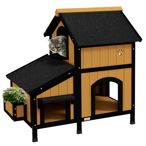 PawHut Katzenhaus, Tannenholz, Katzenhütte mit mehreren Eingängen, 2 Etagen, Katzenhöhle für draußen, Kleintierhaus mit Asphaltadach, Blumenkasten, winterfest, Erhöhtes Design, Gelb, 96 x 65 x 85,5 cm PawHut Katzenhaus, Tannenholz, Katzenhütte mit mehreren Eingängen, 2 Etagen, Katzenhöhle für draußen, Kleintierhaus mit Asphaltadach, Blumenkasten, winterfest, Erhöhtes Design, Gelb, 96 x 65 x 85,5 cm von PawHut
