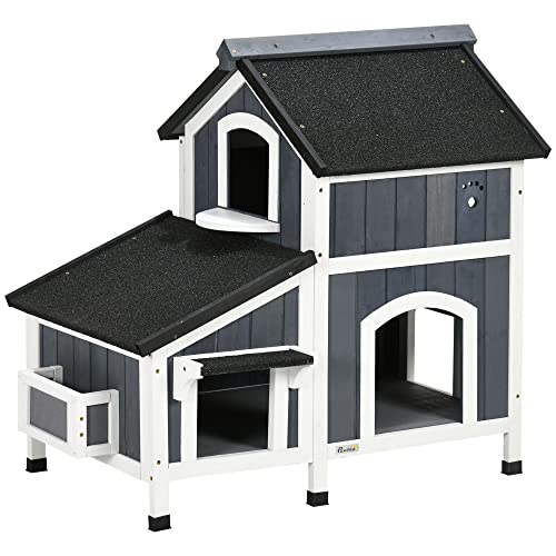 PawHut Katzenhaus aus Holz, Winterfest Katzenhütte mit Mehreren Eingängen, 2 Etagen, Katzenhöhle für draußen, Kleintierhaus mit Asphaltadach, Blumenkasten für Draußen Garten, 96 x 65 x 85,5 cm, Grau PawHut Katzenhaus aus Holz, Winterfest Katzenhütte mit Mehreren Eingängen, 2 Etagen, Katzenhöhle für draußen, Kleintierhaus mit Asphaltadach, Blumenkasten für Draußen Garten, 96 x 65 x 85,5 cm, Grau von PawHut