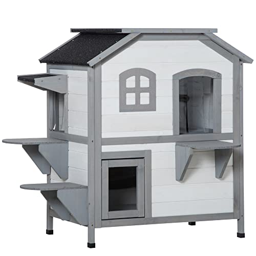 PawHut Katzenhaus aus Holz, Outdoor Katzenhütte mit Treppe, 2-Etagen, Kleintierhaus für Katzen bis 4,5 kg, Weiß, 78 x 55,5 x 91 cm von PawHut