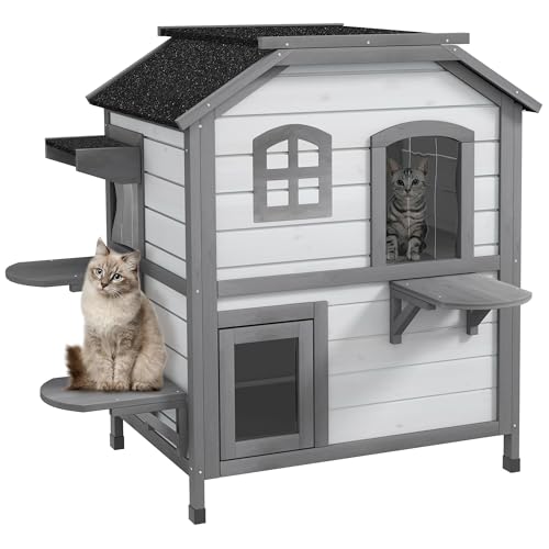 PawHut Katzenhaus aus Holz, Outdoor Katzenhütte mit Treppe, 2-Etagen, Kleintierhaus für Katzen bis 4,5 kg, Weiß, 78 x 55,5 x 91 cm von PawHut