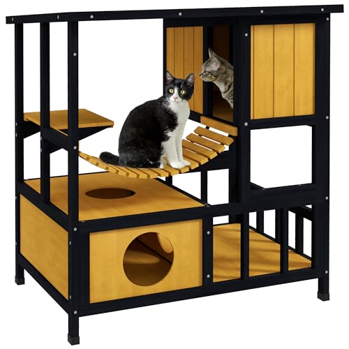 PawHut Katzenhaus aus Holz Katzenhöhle Katzenvilla draußen, Holzhütte für Katzen Katzenhütte mit Hängebrücke, Balkon, Plattform, wasserabweisendes Dach, für 1-2 Katzen bis 5 kg, Gelb PawHut Katzenhaus aus Holz Katzenhöhle Katzenvilla draußen, Holzhütte für Katzen Katzenhütte mit Hängebrücke, Balkon, Plattform, wasserabweisendes Dach, für 1-2 Katzen bis 5 kg, Gelb von PawHut