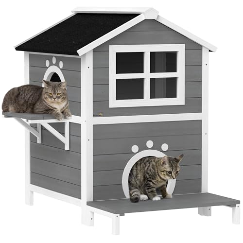 PawHut Katzenhaus aus Holz Katzenhöhle mit Fenster, Balkon, Wetterfest Katzenhütte mit 2 Ebenen, herausnehmbarem Boden, für 1-2 Katzen, Indoor, Outdoor, 66 x 66 x 90 cm, Grau PawHut Katzenhaus aus Holz Katzenhöhle mit Fenster, Balkon, Wetterfest Katzenhütte mit 2 Ebenen, herausnehmbarem Boden, für 1-2 Katzen, Indoor, Outdoor, 66 x 66 x 90 cm, Grau von PawHut