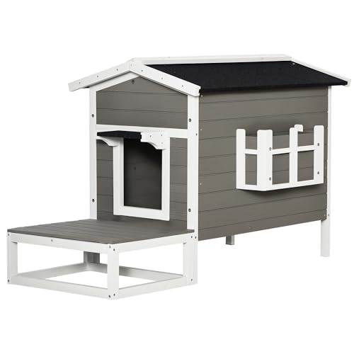 PawHut Katzenhaus aus Holz Winterfest wasserdicht Katzenhütte mit Asphaltdach Terrasse Katzenhöhle Katzenkiste Outdoor Schutzhütte für Draußen Garten Balkon 115 x 66,5 x 74,7 cm Grau+Weiß von PawHut