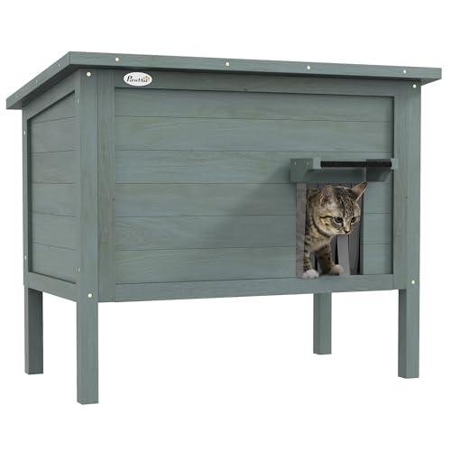 PawHut Katzenhaus aus Holz, Katzenhöhle Outdoor, Isolierte Katzenhütte mit Türvorhang, Kleintierhaus im Erhöhte Design, für Garten, Balkon, Dunkelgrau, 85 x 50 x 68,5 cm von PawHut