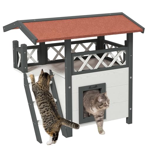 PawHut Katzenhaus mit Asphaltdach, 2-stöckig, Katzenhütte mit Balkon, Katzenvilla mit Treppe, Massivholz, Weiß, 77 x 50 x 73 cm PawHut Katzenhaus mit Asphaltdach, 2-stöckig, Katzenhütte mit Balkon, Katzenvilla mit Treppe, Massivholz, Weiß, 77 x 50 x 73 cm von PawHut
