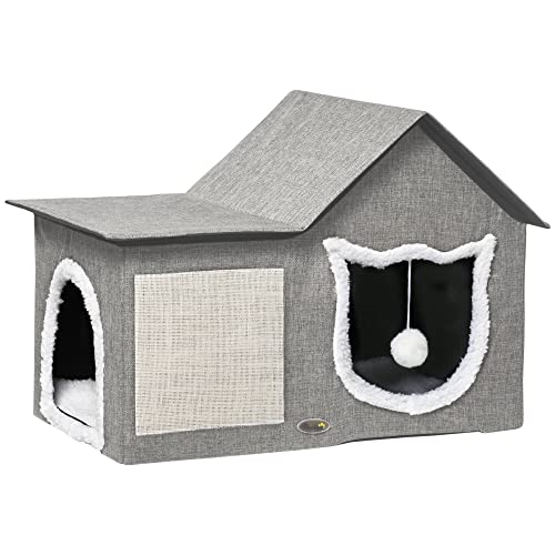 PawHut Katzenhöhle, Katzenhaus mit Kratzfläche, Katzenhütte mit Doppeltüren, Kuschelhöhle mit Kissen, Katzenbett mit Spielball, Polyester, Grau, 65 x 41 x 45,5 cm PawHut Katzenhöhle, Katzenhaus mit Kratzfläche, Katzenhütte mit Doppeltüren, Kuschelhöhle mit Kissen, Katzenbett mit Spielball, Polyester, Grau, 65 x 41 x 45,5 cm von PawHut