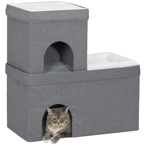 PawHut Katzenhöhle Katzenhütte, Katzenhaus mit 3 Ebenen, Katzenbett mit Kissen, Hundehaus für Katzen bis 5 kg, 74 x 37,5 x 78,5 cm, Grau PawHut Katzenhöhle Katzenhütte, Katzenhaus mit 3 Ebenen, Katzenbett mit Kissen, Hundehaus für Katzen bis 5 kg, 74 x 37,5 x 78,5 cm, Grau von PawHut