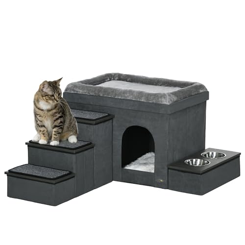 PawHut Katzenhöhle Katzenhütte mit Treppe, Katzenhaus mit 2 Edelstahlnäpfen, Katzenbett, Hundehaus mit Kissen, für Katzen, Hunde bis 8 kg, Polyester, 78 x 48 x 49,5 cm, Grau PawHut Katzenhöhle Katzenhütte mit Treppe, Katzenhaus mit 2 Edelstahlnäpfen, Katzenbett, Hundehaus mit Kissen, für Katzen, Hunde bis 8 kg, Polyester, 78 x 48 x 49,5 cm, Grau von PawHut