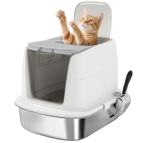 PawHut Katzenklo Edelstahl mit Deckel, Katzentoilette mit Streuschaufel, Wanne, Katzentoilette mit eingebauter Streufilter, Deodorierungsbeutel, für Katzen bis 5 kg, Weiß PawHut Katzenklo Edelstahl mit Deckel, Katzentoilette mit Streuschaufel, Wanne, Katzentoilette mit eingebauter Streufilter, Deodorierungsbeutel, für Katzen bis 5 kg, Weiß von PawHut