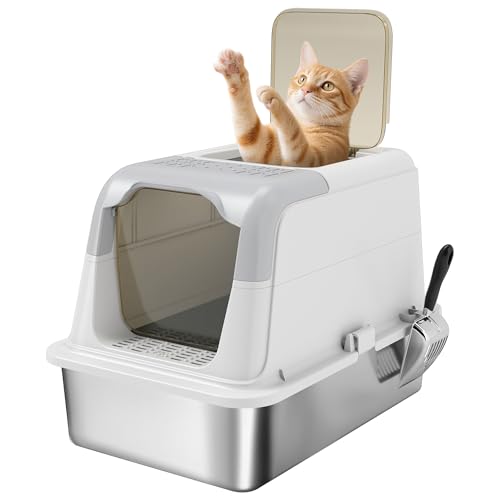 PawHut Katzenklo, Katzentoilette mit Deckel, Streuschaufel, Wanne aus Edelstahl, Katzentoilette mit vorne Eingang und ober Ausgang, Deodorierungsbeutel, für Katzen bis 15 kg, Weiß von PawHut