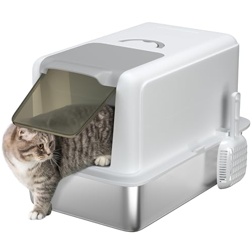 PawHut Katzenklo, Katzentoilette mit Deckel, Wanne aus Edelstahl, eingebauter Streufilter, inklusive Streuschaufel, für Katzen bis 6 kg, Weiß von PawHut