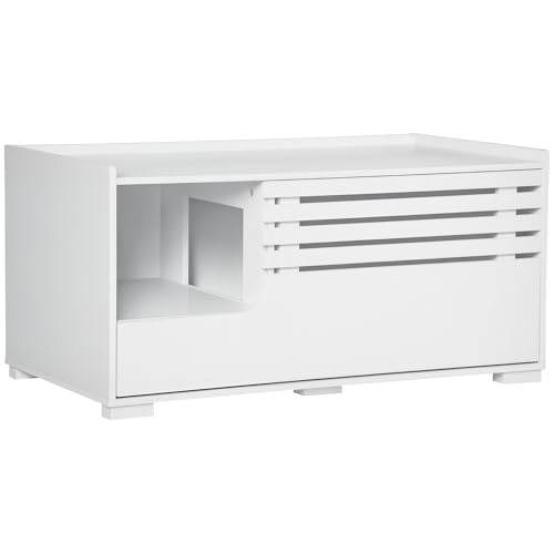 PawHut Katzenklo-Schrank Katzenhaus mit Magnettür Trennwand Katzentoilette Katzenschrank für Katzen Beistelltisch Katzenhöhle 90 x 48 x 42,5 cm Weiß von PawHut