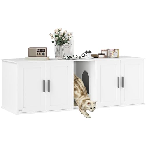 PawHut Katzenklo-Schrank Katzenhaus mit Tür Trennwand Katzentoilette Katzenschrank für große Katzen Beistelltisch Katzenhöhle 145 x 49 x 51 cm Weiß von PawHut