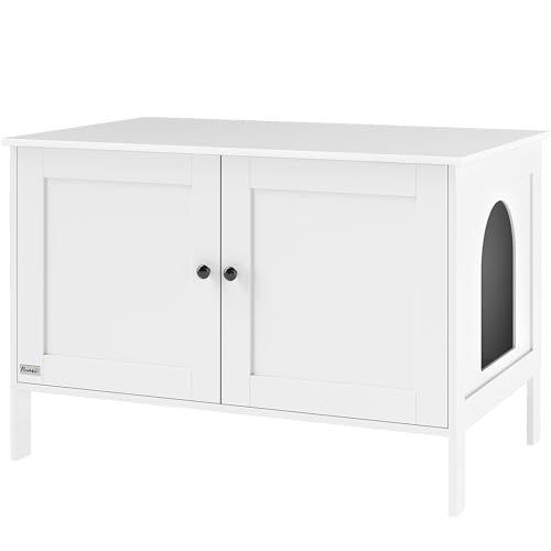 PawHut Katzenklo-Schrank Katzenhaus mit Tür Trennwand Katzentoilette Katzenschrank für große Katzen Beistelltisch Katzenhöhle 80 x 51 x 54 cm Weiß von PawHut