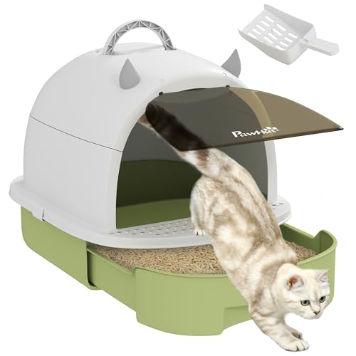 PawHut Katzenklo mit herausnehmbarem Tablett, geschlossene Katzentoilette mit Griff, Kehrblech und Aktivkohlefilter, grün-weiß und schwarz von PawHut
