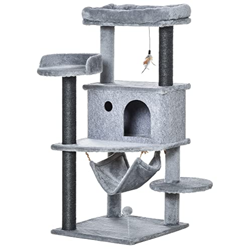 PawHut Katzenkratzbaum 48x48x107 cm Katzenturm mit Abnehmbarer Filzhöhle Hängematte Plüschbetten Mehrere Plattformen Sisalpfosten und Spielzeug Grau von PawHut